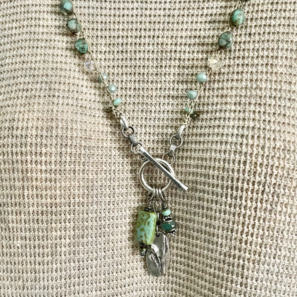 ARTISAN OOAK Sea Green Beaded Crocheted Necklace with Specialty Accents & Charms - Picture 7 of 11